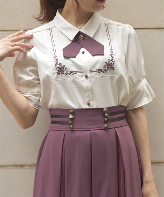 クロスタイ付き刺繍ブラウス | レディース服・レディース