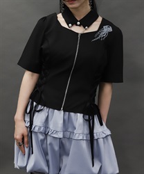 クラゲ刺繍チョーカー襟ブラウス(黒-M)