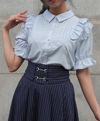 レース使いフリルブラウス(サックス-M)