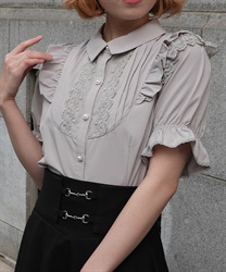 レース使いフリルブラウス(グレー-M)