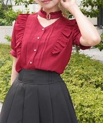 金ボタン付きチョーカー風ブラウス(赤-M)
