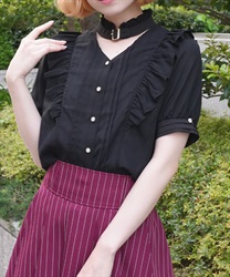 金ボタン付きチョーカー風ブラウス(黒-M)