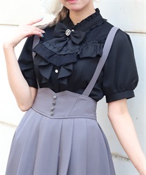リボン×ジャボブローチブラウス(黒-M)