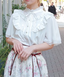 レース切替フリルスタンドブラウス(白-F)