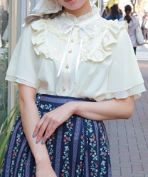 レース切替フリルスタンドブラウス(イエロー-F)