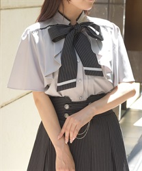 リボン×フラシ半袖ブラウス【WEB先行販売】(グレー-M)