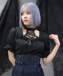 デコルテレースアップ半袖ブラウス(黒-M)