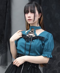 デコルテレースアップ半袖ブラウス(ブルーグリーン-M)