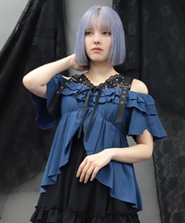 オフショルフレア袖トップス(ブルーグレー-M)