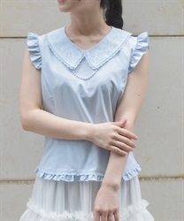 パール付薔薇刺繍ノースリブラウス(サックス-F)