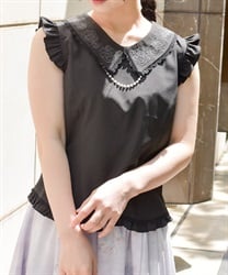 パール付薔薇刺繍ノースリブラウス(黒-F)