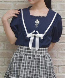 リボン付チューリップ刺繍ブラウス(紺-M)