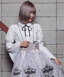 フレア袖レースアップブラウス(白-M)