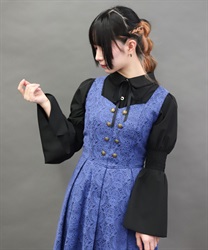 フレア袖レースアップブラウス(黒-M)