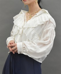 シアーチェックフリルシャツ【2点10%OFF対象商品】(白-M)