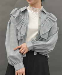 シアーチェックフリルシャツ【2点10%OFF対象商品】(グリーン-M)