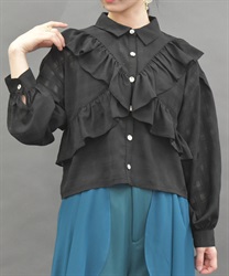 シアーチェックフリルシャツ【2点10%OFF対象商品】(黒-M)