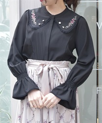 ローズ刺繍ビッグカラーブラウス【2点10%OFF対象商品】(黒-F)
