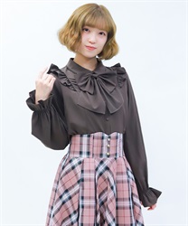 ビッグリボン付き丸襟ブラウス(茶-M)