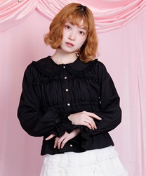 シャーリングフリル丸襟ブラウス(黒-M)