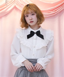 ブローチ付きヨークフリルブラウス【期間限定価格】(白-M)