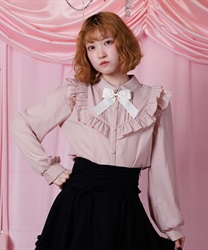 ブローチ付きヨークフリルブラウス【期間限定価格】(ピンク-M)