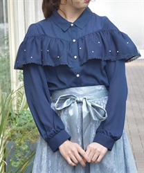 パール×チュールフリルブラウス【2点10%OFF対象商品】(紺-F)