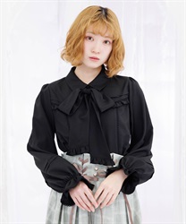 ボウタイリボン付きフリルブラウス(黒-M)