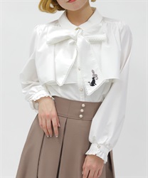 ネコ×音符刺繍ブラウス(白-M)