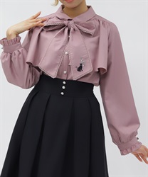 ネコ×音符刺繍ブラウス(ピンク-M)