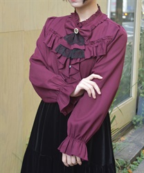 リボン×ジャボブローチ付ブラウス(ワイン-M)