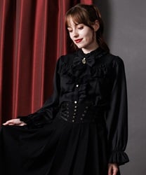 リボン×ジャボブローチ付ブラウス【予約】(黒-M)