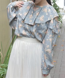肩開きチョーカー風フリルブラウス【WEB先行販売】(グリーン-F)