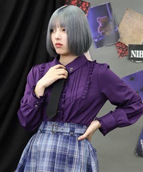 タイ付き襟金具デザインブラウス(パープル-M)