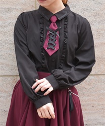 レースアップタイ付ブラウス(黒-M)