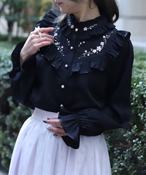 桜刺繍スタンドブラウス(黒-M)