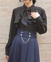 リボン×フラシデザインブラウス(黒-F)