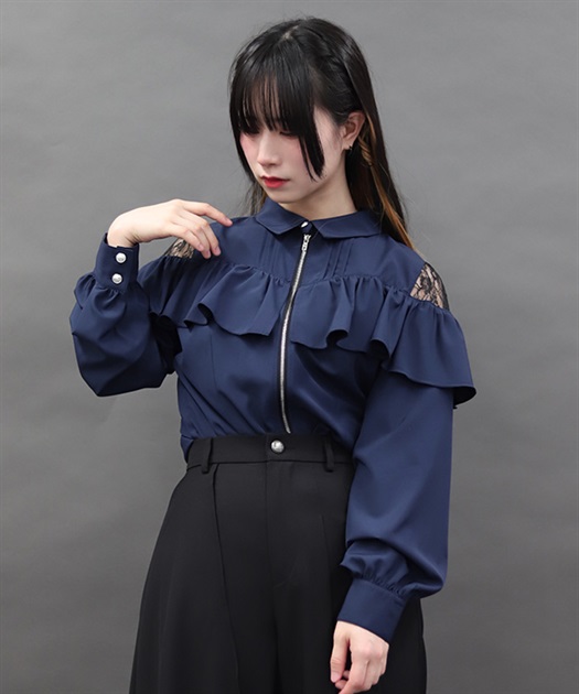 フロントファスナーブラウス(紺-M)