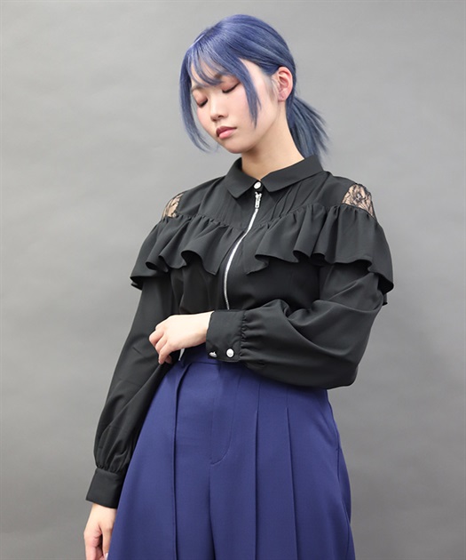 フロントファスナーブラウス(黒-M)