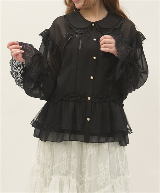 ブルゾン風フリルシアブラウス【予約】(黒-F)