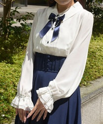 リボン×パールチェーンブラウス【WEB先行販売】(紺-M)