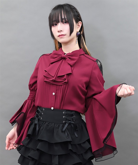 フリルリボンフレア袖ブラウス【WEB先行販売】(ワイン-M)