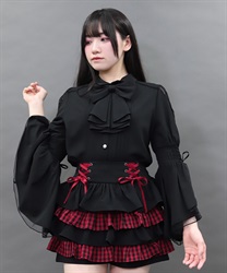 フリルリボンフレア袖ブラウス【WEB先行販売】(黒-M)