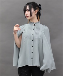 ブローチ付ケープデザインブラウス(グレー-M)