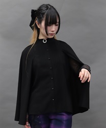 ブローチ付ケープデザインブラウス(黒-M)