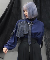 異素材デザインタイ付シャツ(ブルー-M)