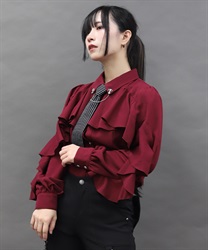 タイ付ラッフルフリル長袖ブラウス(ワイン-M)