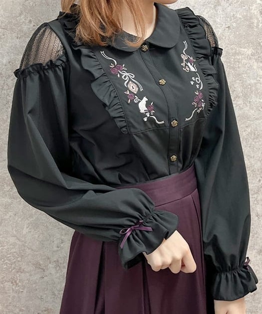 猫刺繍ヨークフリルブラウス | outlet | axes femme online shop 猫刺繍ヨークフリルブラウス | outlet | axes femme online shop