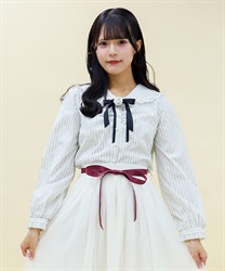 ブローチ付ピンストライプブラウス【2点10%OFF対象商品】(生成り-M)