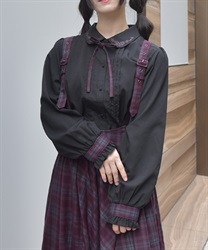 リボンブローチ付き刺繍襟ブラウス(黒-F)